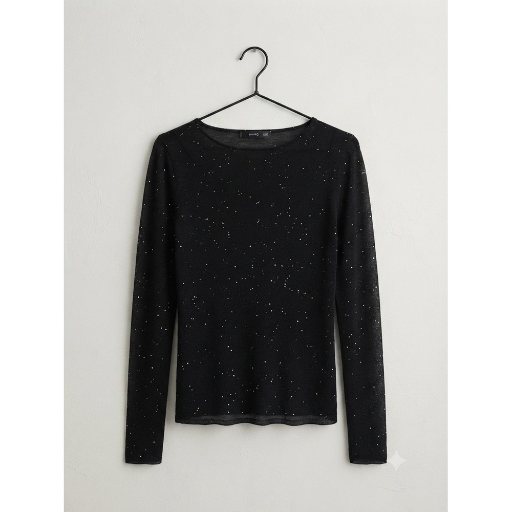 Mango Sequin Top Womens Size S Black Long Sleeve Starry Celestial Sparkle Knit - Picture 2 of 6